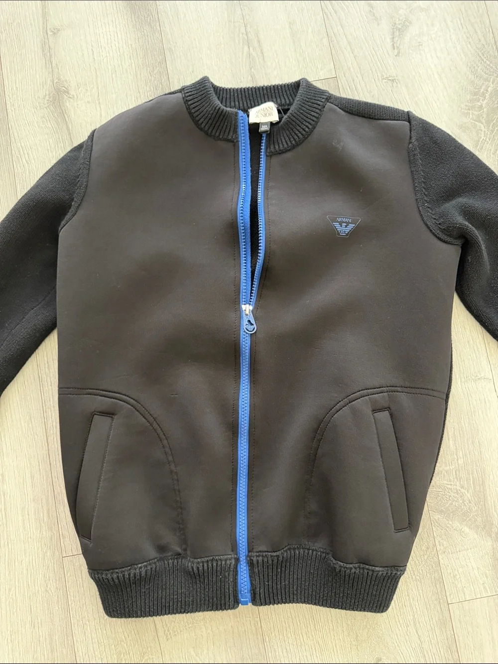 Armani Junior kids Black Zip-Front Jacket with Blue Trim